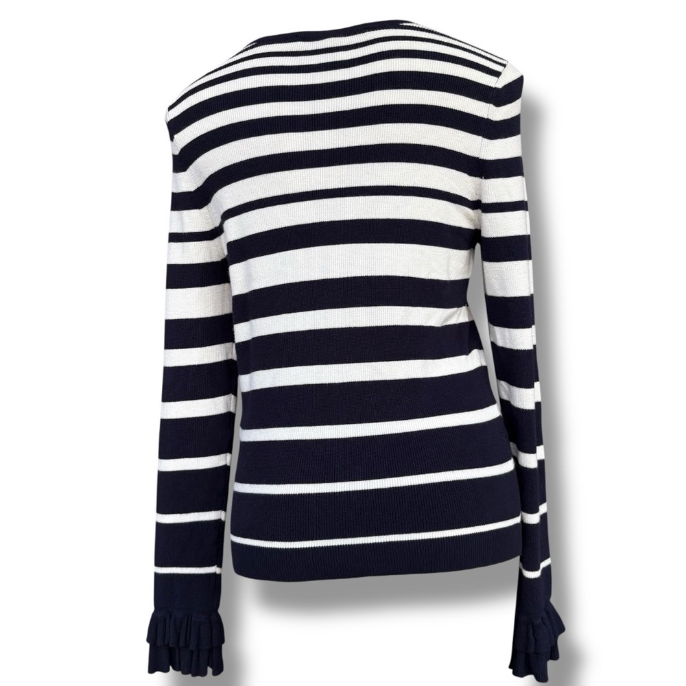 White House Black Market Navy White Stripe Ruffle Cuff Sweater Medium - Picture 3 of 9